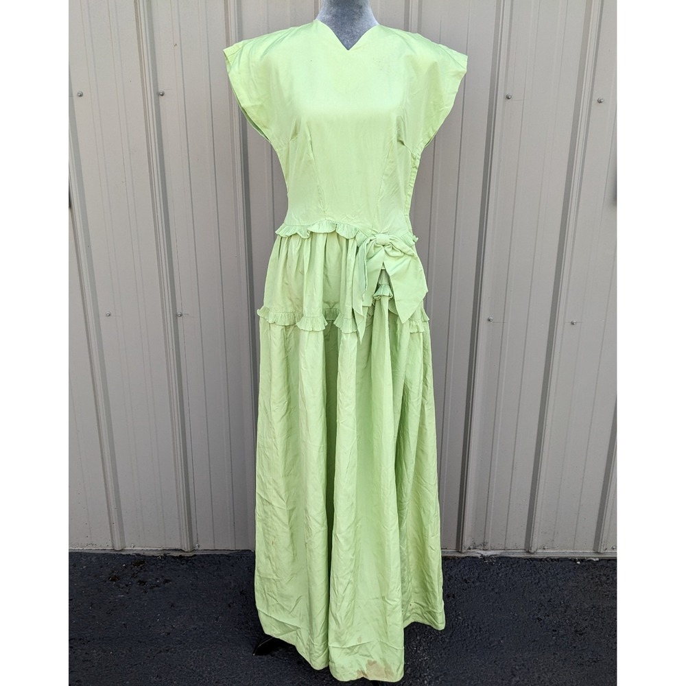 Vintage 1940s Lime Green Maxi Dress M Tiered Ruffle 40s Evening Formal Gown Bow